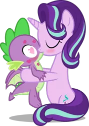 Size: 1310x1843 | Tagged: safe, artist:zacatron94, derpibooru import, spike, starlight glimmer, dragon, pony, female, image, kissing, male, png, shipping, simple background, sparlight, straight, transparent background, winged spike, wings