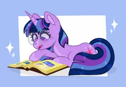 Size: 842x583 | Tagged: safe, artist:wholesomeponies, artist:yourrdazzle, derpibooru import, twilight sparkle, pony, unicorn, friendship is magic, abstract background, book, colored ears, female, frame, glasses, image, lying down, mare, no pupils, png, prone, reading, request, shiny mane, solo, sparkles, unicorn twilight