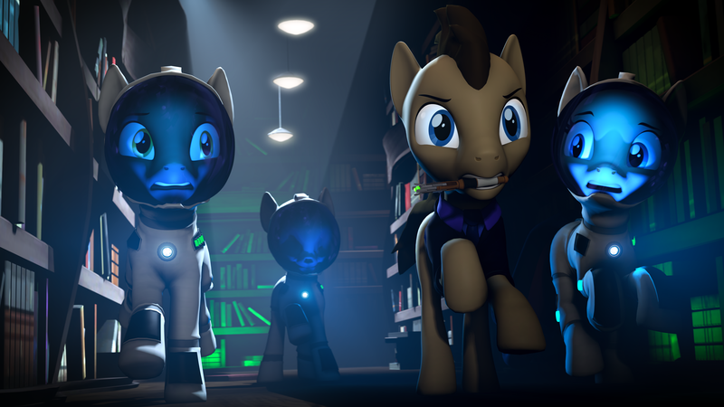 Size: 7680x4320 | Tagged: semi-grimdark, artist:lagmanor, derpibooru import, doctor whooves, time turner, unnamed character, unnamed pony, oc, ponified, unnamed oc, earth pony, pony, 3d, absurd resolution, bone, book, bookshelf, clothes, doctor who, ears, eyebrows, female, flashlight (object), holding, image, lamp, library, looking ahead, looking at each other, male, mane, mare, mouth hold, png, running, silence in the library, skeleton, sonic screwdriver, source filmmaker, spacesuit, spoilers for another series, stallion, suit, tail, vashta nerada