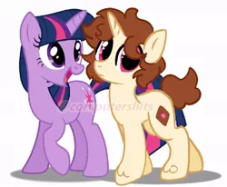 Size: 698x575 | Tagged: safe, artist:computershit, derpibooru import, twilight sparkle, oc, oc:chocolate panini, unicorn, brown mane, canon x oc, curly hair, female, image, jpeg, looking at you, male, pink eyes, shadow, shipping, short tail, show accurate, simple background, straight, tail, two toned mane, unshorn fetlocks, walking, watermark, white background