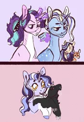 Size: 1336x1923 | Tagged: safe, artist:orphicswanart, derpibooru import, starlight glimmer, trixie, oc, oc:jade, oc:lullaby, badger, big cat, honey badger, pony, tiger, unicorn, female, image, lesbian, magical lesbian spawn, offspring, parent:starlight glimmer, parent:trixie, parents:startrix, png, shipping, solo, startrix