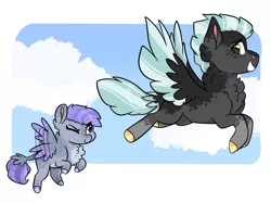 Size: 2732x2048 | Tagged: safe, artist:moccabliss, derpibooru import, thunderlane, oc, oc:amethyst shine, pegasus, pony, colored wings, father and child, father and daughter, female, filly, flying, image, male, offspring, parent:rarity, parent:thunderlane, parents:rarilane, png, two toned wings, wings