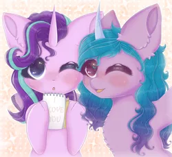 Size: 2390x2190 | Tagged: safe, artist:saltyvity, derpibooru import, izzy moonbow, starlight glimmer, pony, unicorn, :o, cute, g5, image, love, magic, notebook, one eye closed, open mouth, open smile, pencil, png, smiling, sparkles, wink