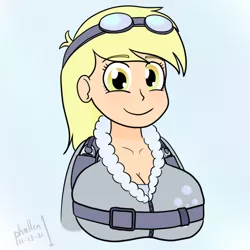 Size: 800x800 | Tagged: safe, artist:phallen1, derpibooru import, derpy hooves, human, breasts, bust, busty derpy hooves, cleavage, clothes, cutie mark, cutie mark on clothes, goggles, humanized, image, jpeg, parachute, simple background