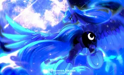 Size: 875x535 | Tagged: safe, artist:dolorosacake, derpibooru import, princess luna, alicorn, pony, flight, hooves, image, jpeg, moon, sketch, smiling, solo, underhoof, wings