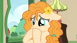 Size: 1280x720 | Tagged: safe, derpibooru import, screencap, pear butter, earth pony, pony, season 7, the perfect pear, cute, female, heartbreak, hoof over mouth, image, pearabetes, png, sad, solo