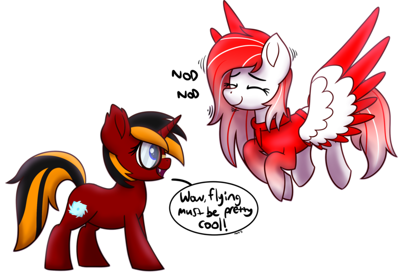 Size: 3017x2021 | Tagged: safe, artist:memeancholy, derpibooru import, oc, oc:deepest apologies, oc:red flame, unofficial characters only, alicorn, bat pony, bat pony alicorn, pegasus, pony, unicorn, 11th anniversary, anniversary art, bat wings, female, flying, glasses, happy, horn, image, nodding, png, simple background, smiling, speech, speech bubble, standing, talking, transparent, transparent background, wings