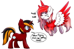 Size: 3017x2021 | Tagged: safe, artist:memeancholy, derpibooru import, oc, oc:deepest apologies, oc:red flame, unofficial characters only, alicorn, bat pony, bat pony alicorn, pegasus, pony, unicorn, 11th anniversary, anniversary art, bat wings, female, flying, glasses, happy, horn, image, nodding, png, simple background, smiling, speech, speech bubble, standing, talking, transparent, transparent background, wings