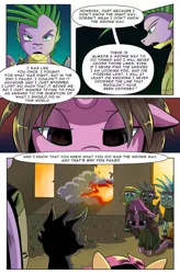 Size: 724x1103 | Tagged: safe, artist:candyclumsy, derpibooru import, spike, oc, oc:ebony star, pony, unicorn, comic:revolution of harmony, female, fire, horn, image, jpeg, mare, older, older spike, unicorn oc