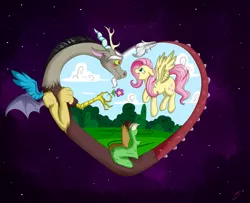 Size: 3200x2600 | Tagged: safe, artist:takutanuvataio, derpibooru import, discord, fluttershy, draconequus, pony, blushing, discoshy, female, flying, heart, image, jpeg, male, shipping, straight