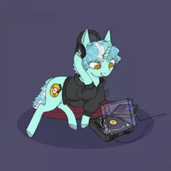 Size: 1400x1400 | Tagged: safe, artist:lef-fa, derpibooru import, oc, oc:background beats, pony, unicorn, clothes, female, headphones, horn, image, lying down, not lyra, png, prone, record player, simple background, unicorn oc