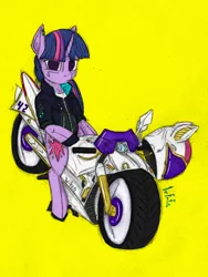 Size: 1300x1733 | Tagged: safe, artist:lef-fa, derpibooru import, twilight sparkle, alicorn, pony, female, helmet, image, motorcycle, png, simple background, solo, yellow background