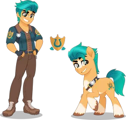 Size: 4000x3831 | Tagged: safe, artist:orin331, derpibooru import, hitch trailblazer, earth pony, pony, equestria girls, badge, bandaid, belt, blaze (coat marking), clothes, coat markings, cutie mark, cutie mark on clothes, equestria girls-ified, facial markings, fingerless gloves, g5, g5 to equestria girls, g5 to g4, gloves, hand on hip, high res, image, jacket, looking at you, male, movie accurate, pants, png, pose, raised hoof, shadow, shoes, simple background, smiling, smiling at you, socks (coat marking), stallion, transparent background, unshorn fetlocks