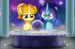 Size: 2048x1335 | Tagged: safe, artist:jhayarr23, derpibooru import, oc, unofficial characters only, pony, unicorn, cosmic wizard, crystal ball, female, females only, flat earth, glasses, image, jpeg, macro, mare, pony bigger than a planet, pony bigger than a star, space, wizard