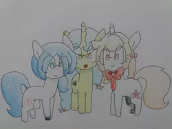 Size: 2064x1548 | Tagged: safe, artist:cherro, derpibooru import, oc, oc:cherry blossom, oc:mal, oc:viewing pleasure, unofficial characters only, earth pony, pony, unicorn, image, jpeg, traditional art