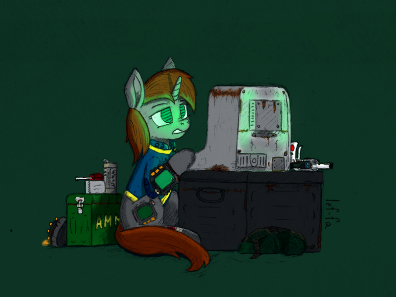 Size: 1500x1125 | Tagged: safe, artist:lef-fa, derpibooru import, oc, oc:littlepip, unofficial characters only, pony, unicorn, fallout equestria, ammobox, ammunition, bag, bandage, clothes, computer, crate, cropped, drink, female, glow, glowing horn, green background, gritted teeth, gun, hacking, handgun, horn, image, landmine, little macintosh, looking at something, mare, pipbuck, png, revolver, saddle bag, screwdriver, simple background, sitting, solo, terminal, three quarter view, traditional art, vault suit, water, weapon