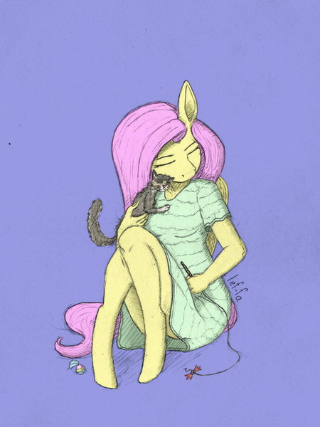 Size: 1500x2000 | Tagged: safe, artist:lef-fa, derpibooru import, fluttershy, anthro, cat, unguligrade anthro, cat toy, clothes, cropped, cute, daaaaaaaaaaaw, dress, eyes closed, female, folded wings, holding, image, kitten, png, shyabetes, simple background, sitting, solo, three quarter view, traditional art, wings