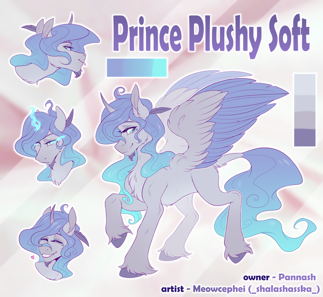 Size: 1800x1659 | Tagged: safe, artist:meowcephei, derpibooru import, oc, oc:prince plushy soft, alicorn, alicorn oc, commission, horn, image, male, png, reference sheet, wings