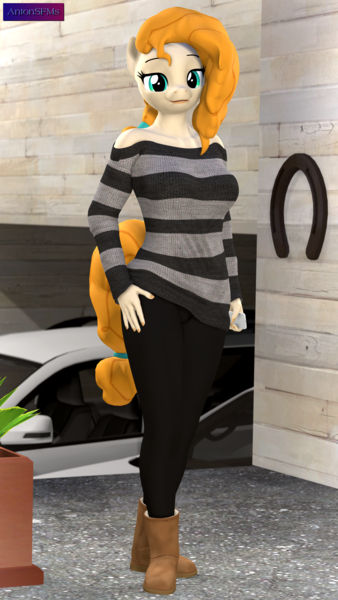 Size: 2160x3840 | Tagged: safe, artist:antonsfms, derpibooru import, pear butter, anthro, earth pony, plantigrade anthro, 3d, 4k, birthday, birthday gift, boots, car, clothes, female, garage, hand on hip, high res, holding, horseshoes, house, image, leggings, looking at you, makeup, mobile phone, mom, mother, phone, plant, planter, plants, png, shoes, smiling, smiling at you, solo, source filmmaker, striped sweater, sweater