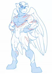 Size: 1440x2048 | Tagged: suggestive, artist:ponyanony, derpibooru import, oc, anthro, pegasus, unguligrade anthro, abs, bara, clothes, costume, goggles, image, jpeg, lineart, male, muscles, pecs, pegasus oc, shadowbolts, shadowbolts costume, simple background, sketch, solo, solo male, suit, uniform, wings, wip