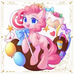 Size: 2500x2500 | Tagged: safe, artist:leafywind, derpibooru import, pinkie pie, earth pony, pony, balloon, cake, candy, colored pupils, cute, diapinkes, female, food, heart, high res, image, jpeg, letter, lollipop, mare, missing cutie mark, obtrusive watermark, open mouth, sample, solo, starry eyes, stars, streamers, watermark, wingding eyes