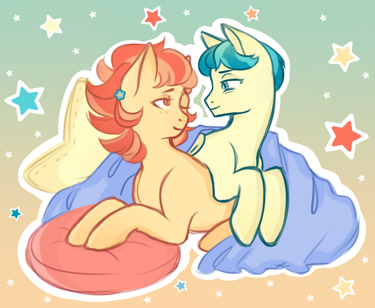 Size: 2587x2123 | Tagged: safe, artist:avatutina, derpibooru import, aunt holiday, auntie lofty, earth pony, pegasus, pony, blanket, canon couple, commission, cute, female, image, lesbian, looking at each other, love, married couple, png, stars, ych result