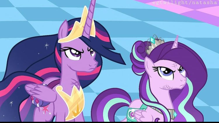 Size: 720x407 | Tagged: safe, artist:egtwilight, derpibooru import, princess celestia, princess luna, starlight glimmer, alicorn, pony, princess twilight sparkle (episode), alicornified, bag, chaos, character swap, crown, discorded landscape, female, horn, image, jewelry, mare, meta, png, race swap, redraw, regalia, starlicorn, twitter, xk-class end-of-the-world scenario