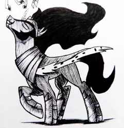 Size: 3072x3191 | Tagged: safe, artist:winnietrap, derpibooru import, king sombra, pony, unicorn, the beginning of the end, antagonist, armor, black and white, cape, clothes, curved horn, ethereal mane, eyes closed, fabulous, fangs, grayscale, horn, image, jpeg, majestic, male, mane flip, monochrome, raised hoof, shadow, solo, stallion, stupid sexy sombra, teeth, traditional art