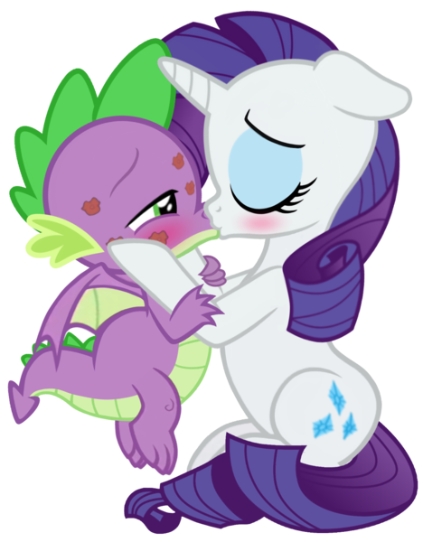 Size: 1132x1450 | Tagged: safe, artist:georgegarza01, derpibooru import, rarity, spike, dragon, pony, unicorn, blushing, eyes closed, eyeshadow, female, floppy ears, green eyes, hooves on cheeks, horn, image, kiss mark, kissing, lipstick, makeup, male, mare, png, shipping, simple background, sparity, straight, transparent background, winged spike, wings