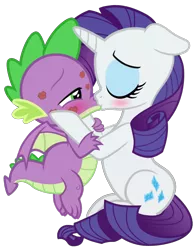 Size: 1132x1450 | Tagged: safe, artist:georgegarza01, derpibooru import, rarity, spike, dragon, pony, unicorn, blushing, eyes closed, eyeshadow, female, floppy ears, green eyes, hooves on cheeks, horn, image, kiss mark, kissing, lipstick, makeup, male, mare, png, shipping, simple background, sparity, straight, transparent background, winged spike, wings