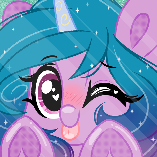 Size: 2000x2000 | Tagged: safe, artist:emberslament, derpibooru import, izzy moonbow, pony, unicorn, :p, blushing, close-up, cute, female, g5, image, izzybetes, looking at you, mare, one eye closed, png, tongue out, underhoof, wingding eyes, wink, winking at you