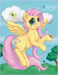 Size: 1400x1818 | Tagged: safe, artist:ratwhiskers, derpibooru import, fluttershy, butterfly, insect, pegasus, pony, cloud, female, flying, image, mare, png, smiling, solo, spread wings, wings