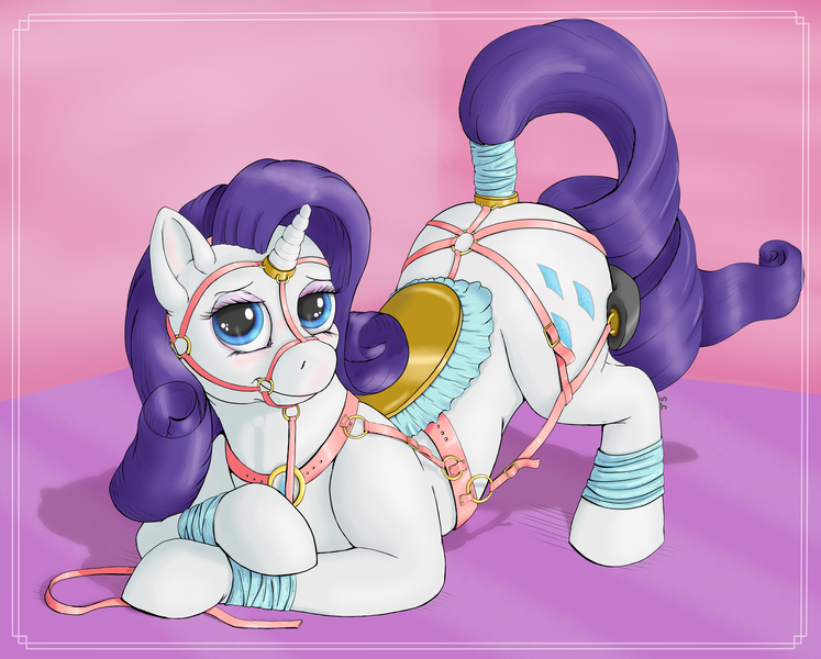 Size: 2987x2400 | Tagged: suggestive, artist:ratwhiskers, derpibooru import, rarity, pony, unicorn, bondage, breast collar, bridle, britchen, crupper, female, fetish, harness, horn, horn ring, image, jewelry, martingale, png, reins, ring, saddle, sexy saddle, solo, solo female, tack, tail, tail wrap, tie down, tug (tack)