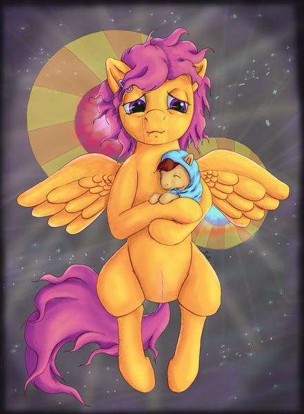 Size: 1400x1903 | Tagged: safe, artist:ratwhiskers, derpibooru import, scootaloo, oc, oc:lightning blitz, pegasus, pony, comic:ask motherly scootaloo, baby, baby pony, colt, crying, female, holding a pony, image, lying down, male, messy mane, mother and child, mother and son, motherly scootaloo, newborn, offspring, older, older scootaloo, on back, parent:rain catcher, parent:scootaloo, parents:catcherloo, png, scar, tears of joy