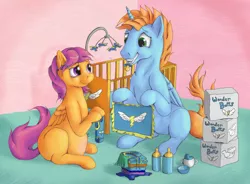 Size: 2178x1600 | Tagged: safe, artist:ratwhiskers, derpibooru import, scootaloo, oc, oc:harmony star, alicorn, pegasus, pony, ask pregnant scootaloo, alicorn oc, ask, baby bottle, crib, diaper, female, horn, image, male, pacifier, png, pregnant, pregnant scootaloo, teen pregnancy, teenager, wings