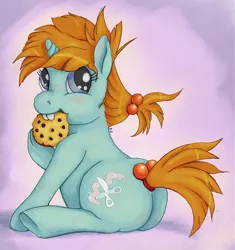 Size: 1200x1277 | Tagged: safe, artist:ratwhiskers, derpibooru import, snips, pony, unicorn, butt, chubby, cookie, female, filly, food, image, jpeg, plot, rule 63, sitting, solo, sugar