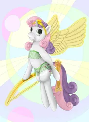 Size: 2199x3000 | Tagged: safe, artist:ratwhiskers, derpibooru import, sweetie belle, pony, unicorn, arrow, artificial wings, augmented, bow (weapon), clothes, cupid, female, filly, flying, heart arrow, hoof hold, image, jpeg, magic, magic wings, skirt, solo, wings