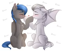 Size: 3775x3099 | Tagged: safe, artist:vetta, derpibooru import, oc, oc:jizlez, oc:nobrony, unofficial characters only, bat pony, pegasus, blushing, boop, cute, cute little fangs, duo, eyes closed, fangs, glasses, image, png, simple background, sitting, smiling, spread wings, white background, wings
