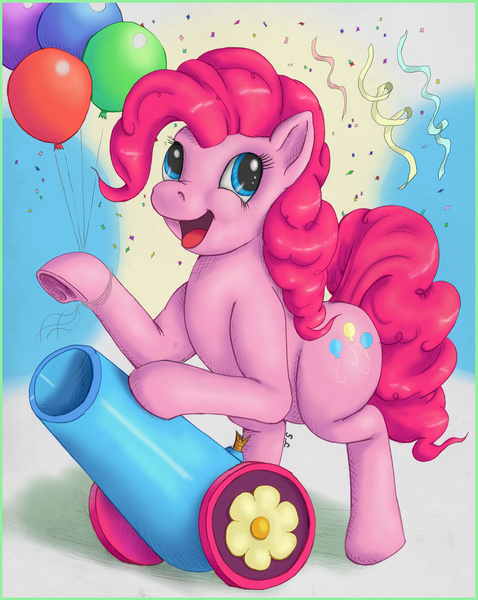 Size: 1400x1758 | Tagged: safe, artist:ratwhiskers, derpibooru import, pinkie pie, earth pony, pony, balloon, bipedal, bipedal leaning, confetti, female, image, leaning, open mouth, party cannon, png, solo