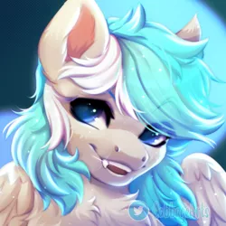 Size: 750x750 | Tagged: safe, artist:cabbage-arts, derpibooru import, oc, oc:frostyee, unofficial characters only, pegasus, pony, bust, chest fluff, fangs, image, male, pegasus oc, png, portrait, smiling, solo, wings