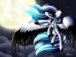 Size: 4500x3358 | Tagged: safe, artist:beamybutt, derpibooru import, oc, unofficial characters only, pegasus, pony, cloud, colored wings, ear fluff, eyelashes, flying, full moon, image, moon, night, pegasus oc, png, solo, stars, two toned wings, wings
