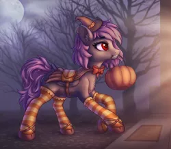 Size: 2100x1833 | Tagged: safe, artist:eltaile, derpibooru import, oc, oc:desire, bat pony, pony, bowtie, clothes, cute, fangs, female, halloween, hat, holiday, image, mare, night, png, pumpkin, shoes, socks, solo, spooky, stockings, thigh highs, trick or treat, witch costume, witch hat