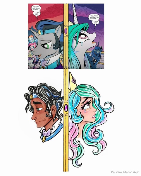 Size: 1080x1345 | Tagged: safe, artist:valeriamagicart, derpibooru import, king sombra, princess celestia, human, celestibra, crying, female, frown, good king sombra, humanized, image, jpeg, male, sad, scene interpretation, shipping, straight, teary eyes, traditional art