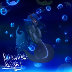 Size: 1024x1024 | Tagged: safe, artist:kotonashiknight, derpibooru import, oc, unofficial characters only, hybrid, merpony, seapony (g4), blue background, blue mane, bubble, chest fluff, digital art, fish tail, flowing mane, flowing tail, image, jpeg, looking at you, male, ocean, red eyes, signature, simple background, solo, swimming, tail, underwater, water