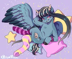 Size: 1280x1051 | Tagged: safe, artist:clown-bread, derpibooru import, oc, unofficial characters only, pegasus, pony, arm behind head, clothes, crossed legs, ear piercing, female, hoof polish, image, jpeg, mare, pegasus oc, piercing, pillow, smiling, smirk, socks, solo, striped socks, wings