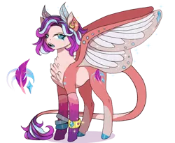 Size: 1280x1051 | Tagged: safe, artist:clown-bread, derpibooru import, oc, unofficial characters only, hybrid, pony, chest fluff, ear piercing, earring, hoof polish, image, jewelry, piercing, png, simple background, smiling, solo, transparent background, wings