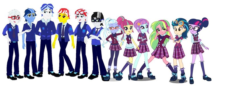 Size: 1920x730 | Tagged: safe, artist:robertsonskywa1, derpibooru import, indigo zap, lemon zest, sci-twi, sour sweet, sugarcoat, sunny flare, twilight sparkle, human, fanfic:transformers equestria girls: wreckers uprising, equestria girls, friendship games, blaster, clothes, comparison, crystal city wrecker uniform, crystal prep academy uniform, drift, equestria girls-ified, glasses, goggles, group, humanized, image, jetfire, jpeg, photo, prowl, school uniform, transformers, uniform, wheeljack, whirl