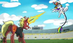 Size: 1024x607 | Tagged: safe, artist:isaacs-collar, derpibooru import, oc, oc:firebrand, oc:lightning bliss, blast, butt, clothes, goggles, image, jacket, jpeg, lightning bliss' magic lessons, magic, magic aura, magic beam, magic blast, plot, stadium, title card