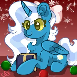 Size: 1000x1000 | Tagged: safe, artist:endergurl22, derpibooru import, oc, oc:fleurbelle, alicorn, pony, alicorn oc, bauble, baubles, bow, cute, female, hair bow, horn, image, mare, png, present, snow, snowflake, wingding eyes, wings