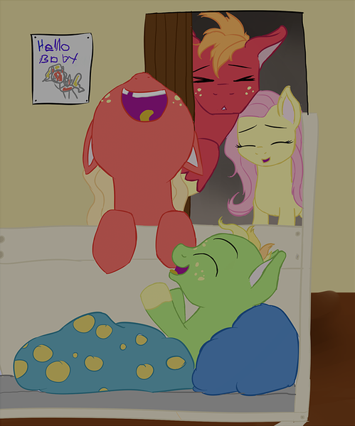 Size: 1002x1206 | Tagged: safe, artist:kaleysia, derpibooru import, big macintosh, fluttershy, oc, oc:cellini, oc:crispin, earth pony, pegasus, pony, baby, baby pony, blanket, brother and sister, colt, crib, cropped, eyes closed, family, female, filly, floppy ears, fluttermac, freckles, image, laughing, male, nose in the air, offspring, open mouth, open smile, parent:big macintosh, parent:fluttershy, parents:fluttermac, pillow, png, shipping, siblings, singing, smiling, straight, tired, tongue out